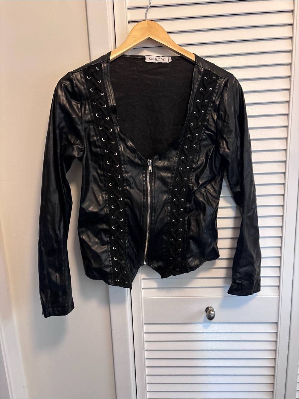 MISSLOOK Black Faux Leather Lace-Up Zip Front Jacket